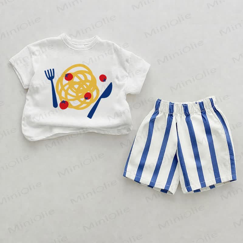 Baby Food Print Blue Vertical Striped 2-piece Shorts Set - White&Blue - 2-3T - image 1