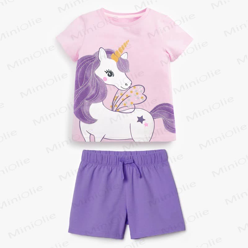  Toddler Kid Girl  Cotton Unicorn Short-Sleeve Set - Purple - 7Y - image 1