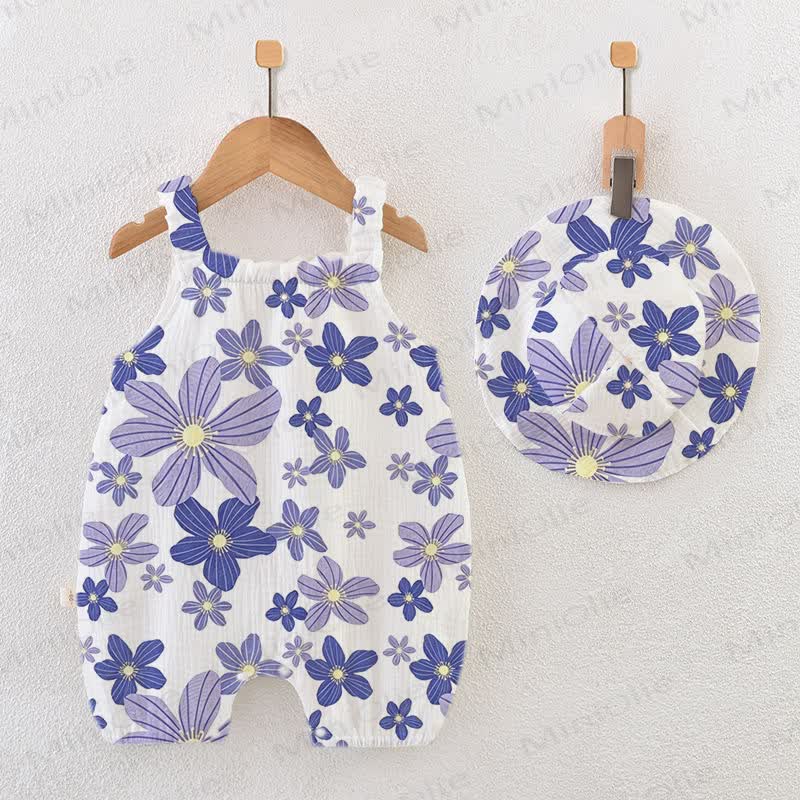 Baby Girls Purple Flower Print Romper with Hat - White - 18-24M - image 1