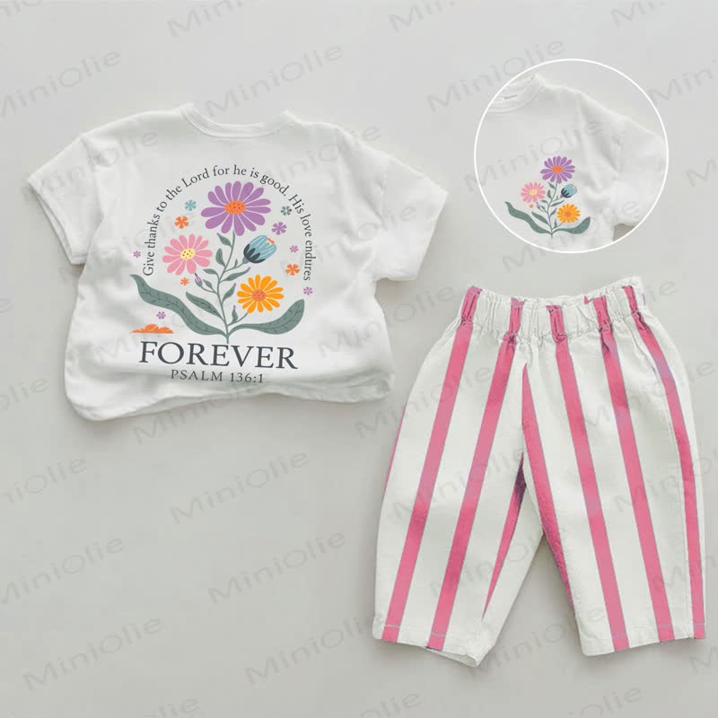 FOREVER PSALM 136:1 Baby Girls Flower Pink Vertical Striped 2-piece Set - White&Pink - 2-3T - image 1