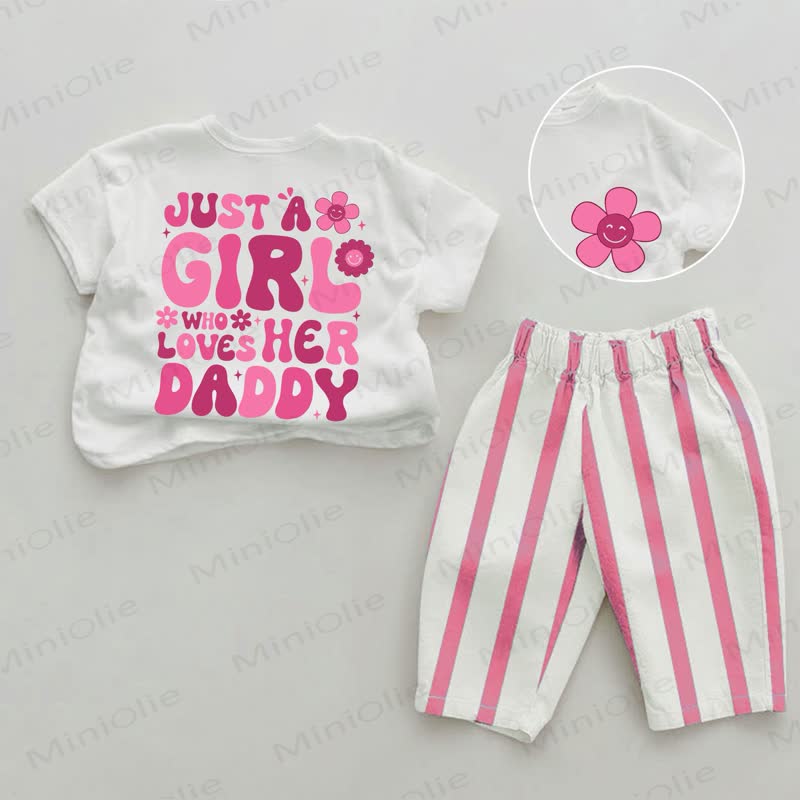 JUST A GIRL WHO LOVES HER DADDY Baby Girls Slogan Pink Vertical Striped 2-piece Set - White&Pink - 2-3T - image 1