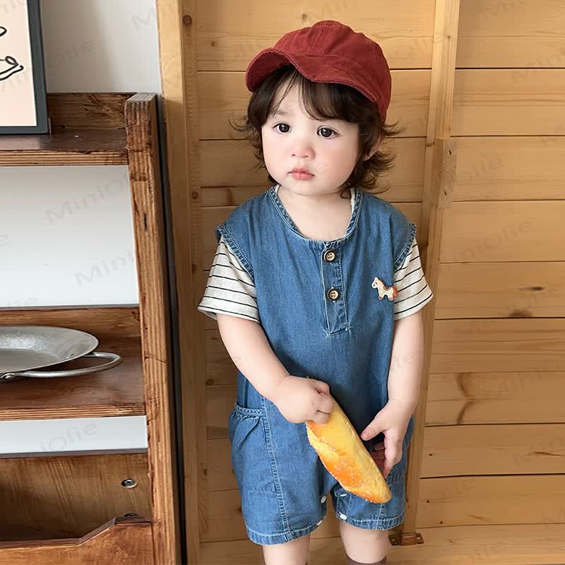 Baby Boys Blue Short Sleeves Denim Romper and Striped T-Shirt 2-piece Set - Blue - 2-3T - image 2