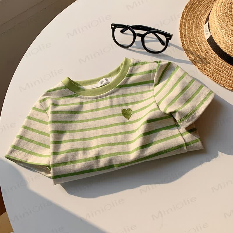Toddler Girls Heart Striped Casual T-Shirt - Green - 10-11T - image 3