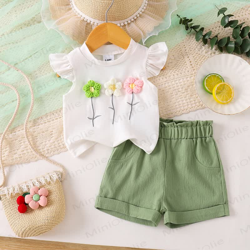 Baby Toddler Girl Floral Applique Flutter Sleeve Top and Shorts 2-piece Set - White - 2-3Y - image 1