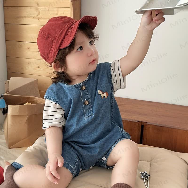 Baby Boys Blue Short Sleeves Denim Romper and Striped T-Shirt 2-piece Set - image 1