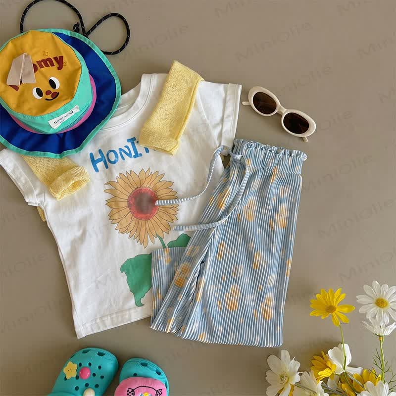 Toddler Girls Striped Full-Print Pants - Blue Flower - 8-9T - image 2