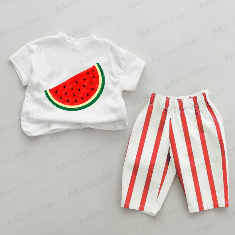 Baby Watermelon Print Red Striped 2-piece Set - White&Red - 4-5T - image 1