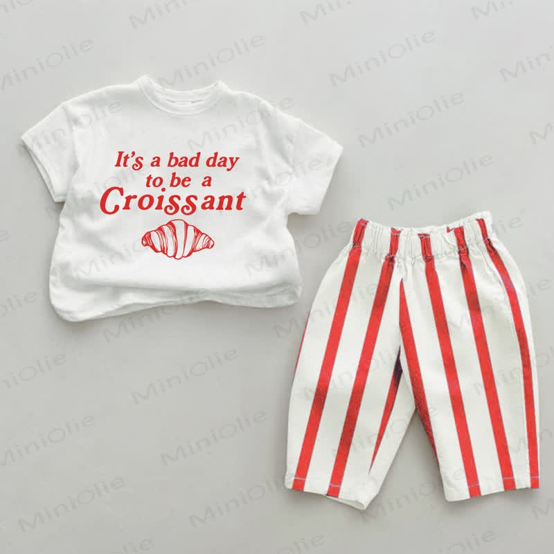 IT'S A BAD DAY TO BE A CROISSANT Baby Croissant Print Red Striped 2-piece Set - White&Red - 4-5T - image 1