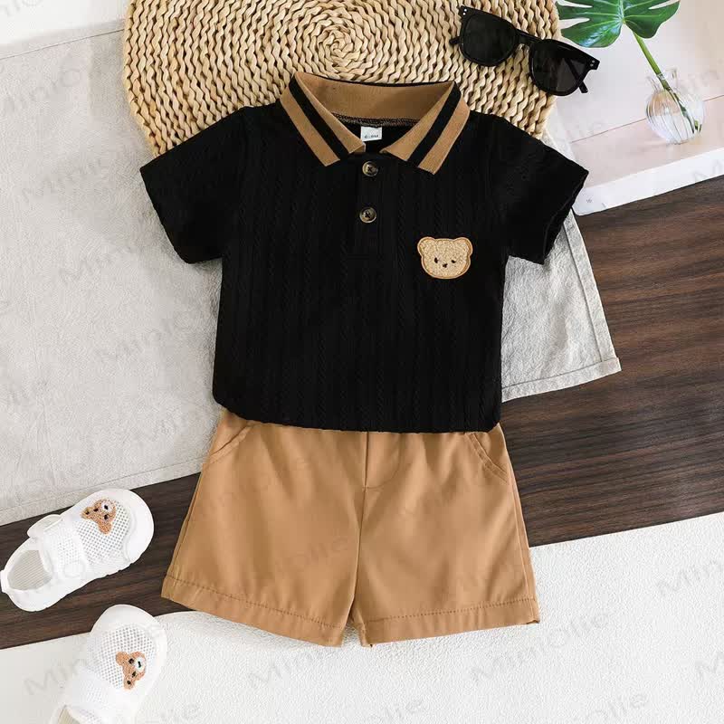 Baby Bear Applique Polo T-Shirt and Shorts 2-Piece Set - Black - 18-24M - image 2