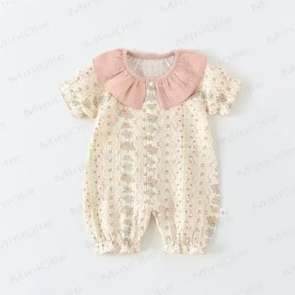 Baby Girls Floral Ruffle Collar Long Sleeves Romper with Hat or Short Sleeves Romper - Pink Short Sleeves Romper - 18-24M - image 2