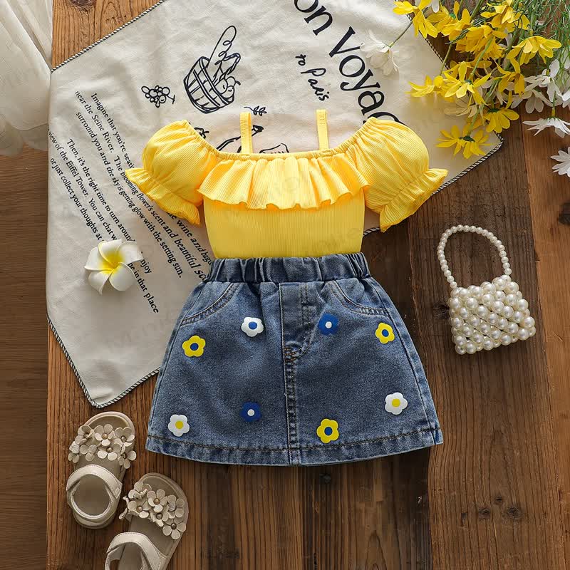 Baby Toddler Girl Yellow Floral Top and Denim Skirt 2-piece Set - Yellow - 2-3Y - image 1