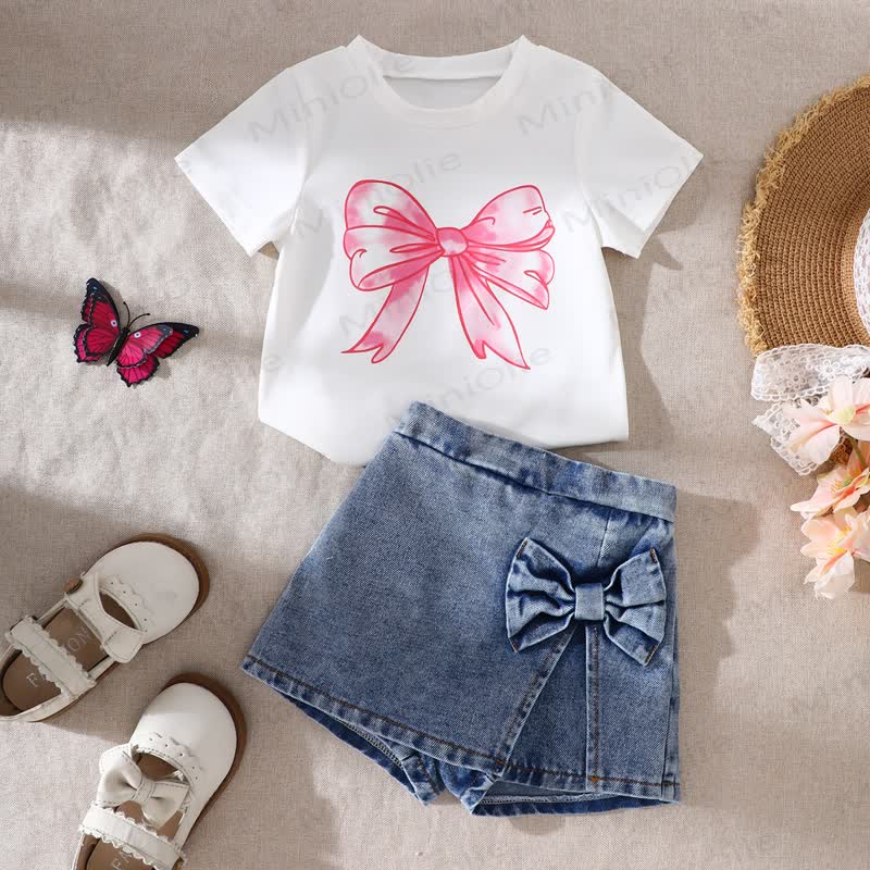 Baby Toddler Girl White&Pink Bow Tee and Denim Shorts 2-piece Set - White&Pink - 2-3Y - image 1