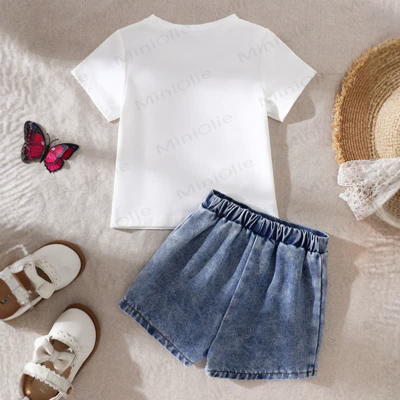 Baby Toddler Girl White&Pink Bow Tee and Denim Shorts 2-piece Set - image 2