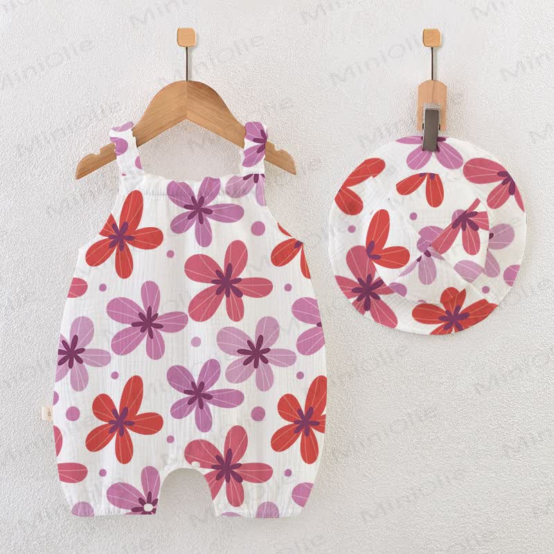 Baby Girls Full-print Flower Romper with Hat - White - 18-24M - image 1