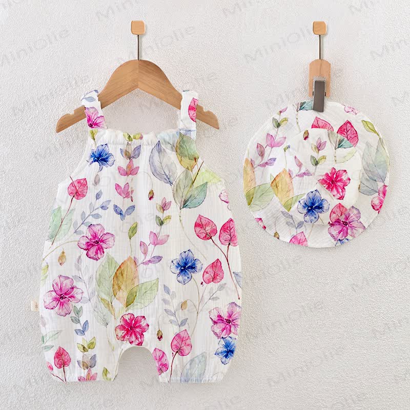 Baby Girls Flower Print Romper with Hat - White - 18-24M - image 1