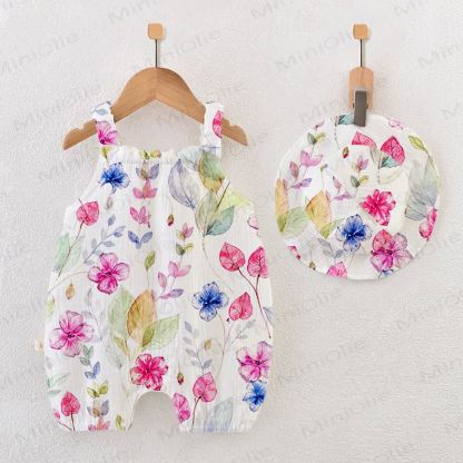 Baby Girls Flower Print Romper with Hat - White - 18-24M - image 1