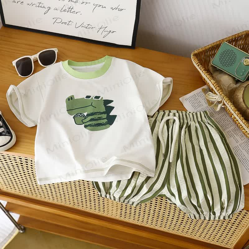 Toddler Boys Dino Print Tee and Stripe Shorts 2-piece Set - Green - 8-9T - image 2