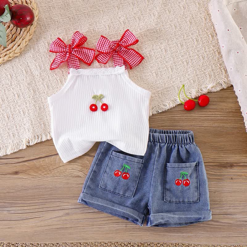 Baby Toddler Girl White Cherry Sleeveless Top and Denim Shorts 2-piece Set - White - 2-3Y - image 1