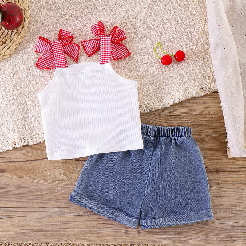 Baby Toddler Girl White Cherry Sleeveless Top and Denim Shorts 2-piece Set - image 2