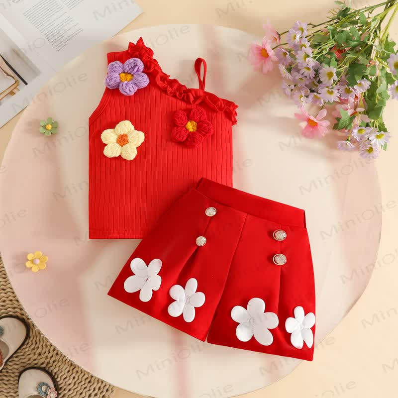 Baby Toddler Girls Floral One-Shoulder Sleeveless Top and Shorts 2-piece Set - Red - 3Y - image 2