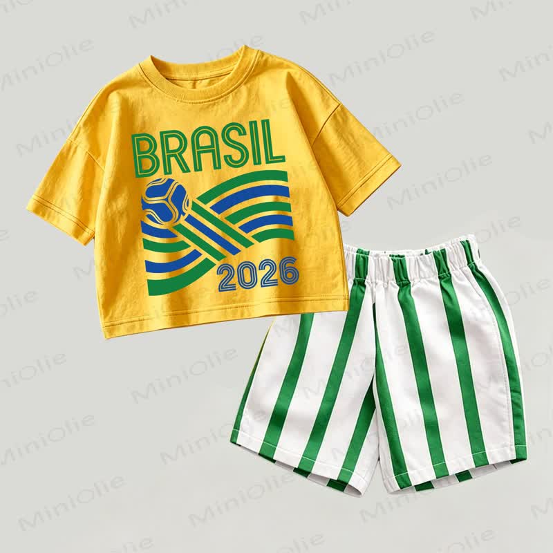 BRASIL 2026 Baby Yellow&Green Football Print Top and Striped Shorts 2-piece Set - Yellow&Green - 2-3T - image 1