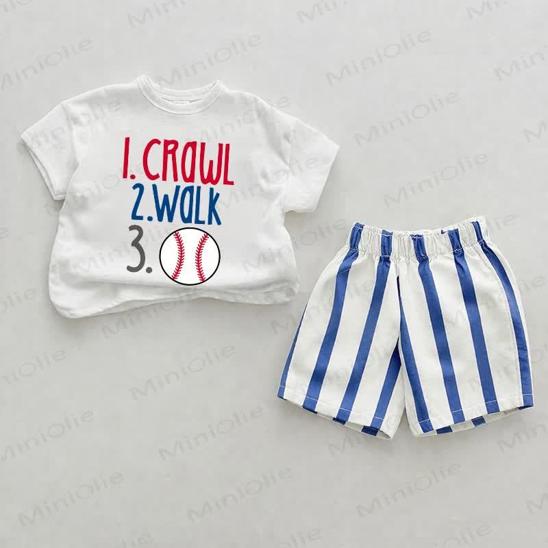 1. CRAWL 2. WALK 3. Baby Blue Baseball Print Vertical Striped 2-piece Shorts Set - White&Blue - 2-3T - image 1