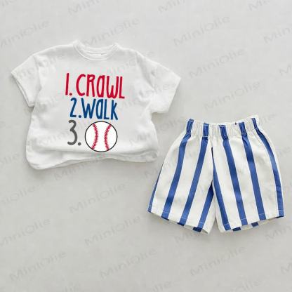 1. CRAWL 2. WALK 3. Baby Blue Baseball Print Vertical Striped 2-piece Shorts Set - White&Blue - 2-3T - image 1