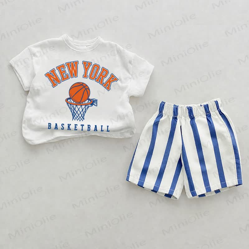 NEW YORK BASKETBALL Baby Blue Basketball Print Vertical Striped 2-piece Shorts Set - White&Blue - 2-3T - image 1