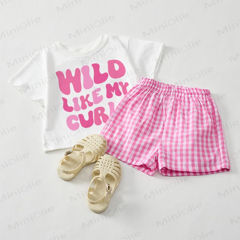 WILD LIKE MY CURL Baby Girls Slogan Tee and Pink Plaid Shorts 2-Piece Set - White&Pink - 3-5T - image 1
