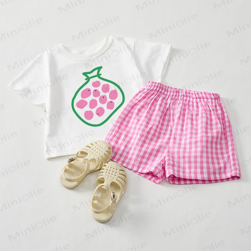 Baby Girls Grape Tee and Pink Plaid Shorts 2-Piece Set - White&Pink - 3-5T - image 1
