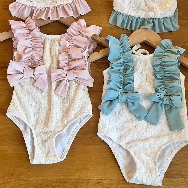 Toddler Girls Lace Ruffle Bow One Piece Sleeveless Swimsuit - image 1