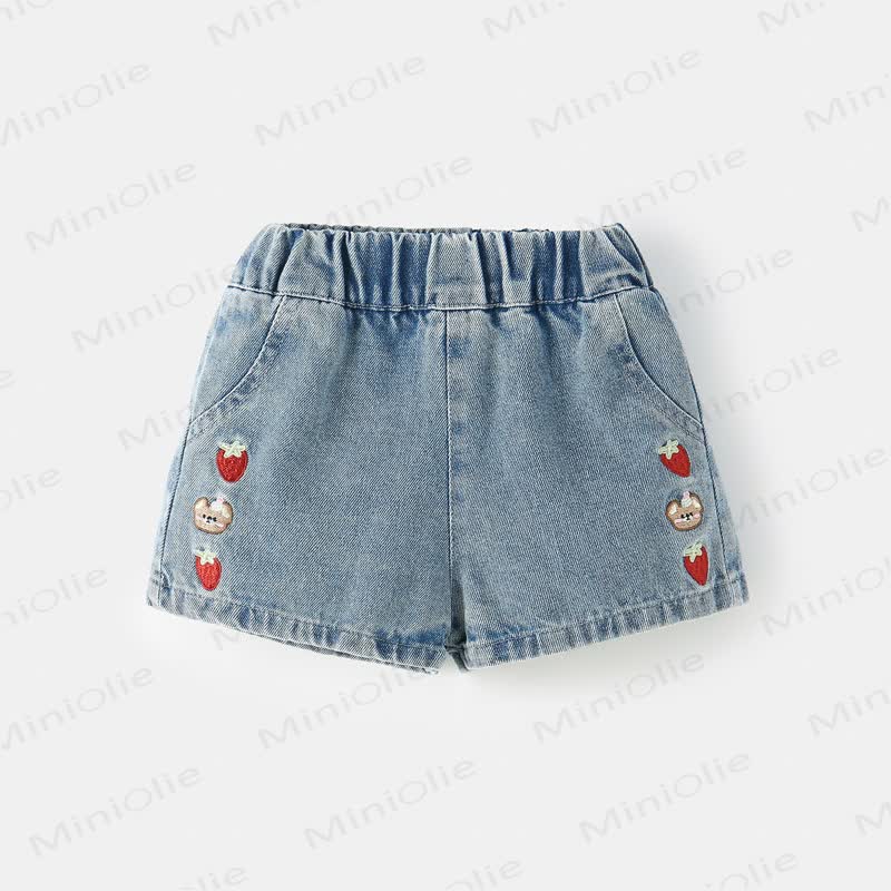 Toddler Girls Light Blue Strawberry Embroidered Denim Shorts - Blue - 8-9T - image 1