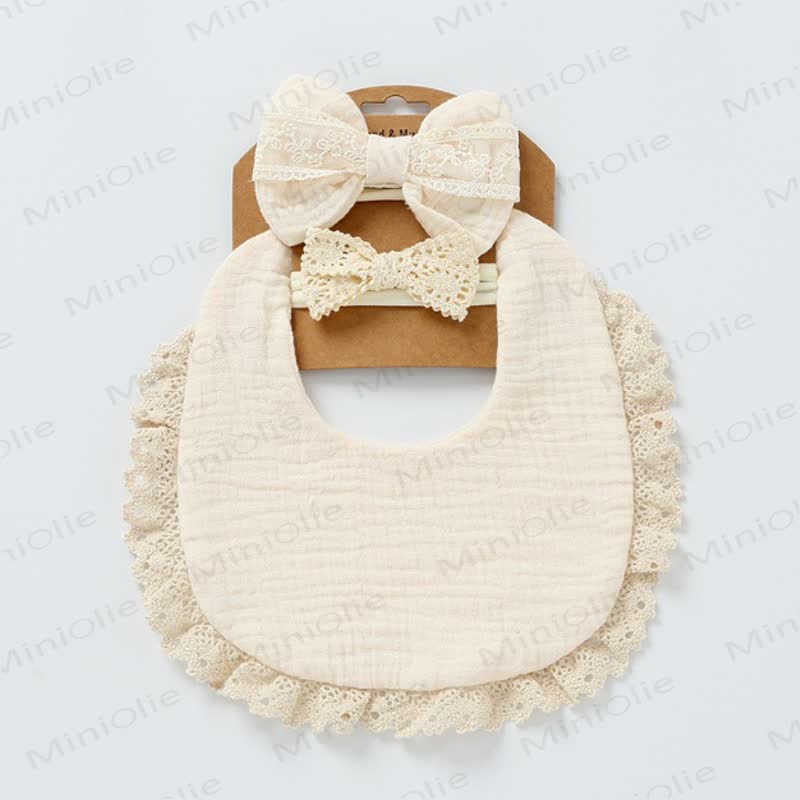 Personalized Baby Name Lace Bib and Headband 3pcs Set - Beige - 25cm - image 3