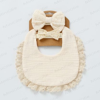 Personalized Baby Name Lace Bib and Headband 3pcs Set - Beige - 25cm - image 3