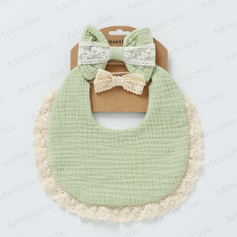 Personalized Baby Name Lace Bib and Headband 3pcs Set - Green - 25cm - image 5