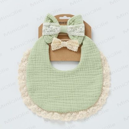 Personalized Baby Name Lace Bib and Headband 3pcs Set - Green - 25cm - image 5