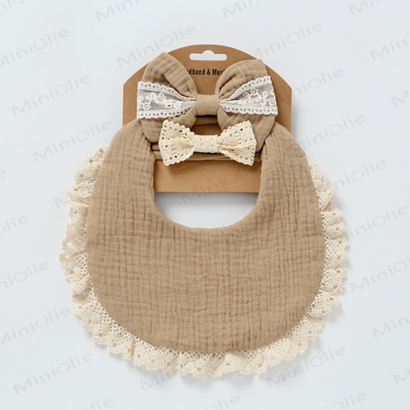 Personalized Baby Name Lace Bib and Headband 3pcs Set - Khaki - 25cm - image 9