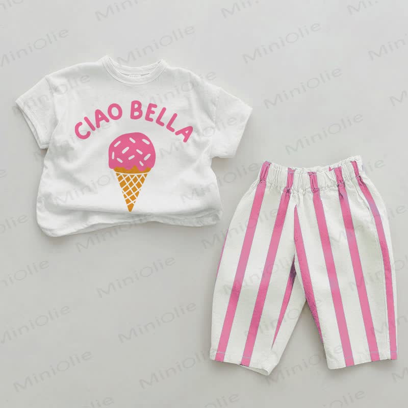CIAO BELLA Baby Girls Ice Cream Pink Vertical Striped 2-piece Set - White&Pink - 2-3T - image 1