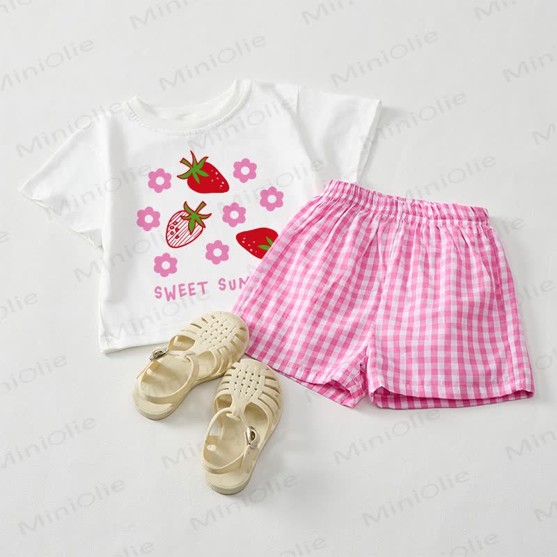SWEET SUMMER Baby Girls Strawberry Tee and Pink Plaid Shorts 2-Piece Set - White&Pink - 3-5T - image 1
