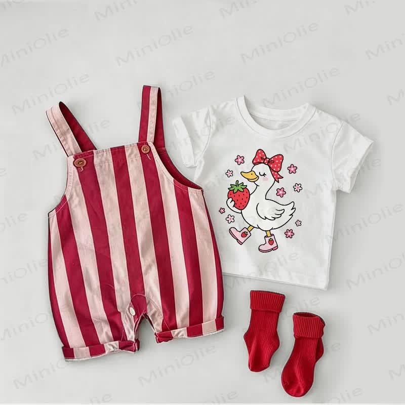 Baby Strawberry Duck Red Stripe Overalls and White Tee 2-piece Set - White&Red - 2-3T - image 1