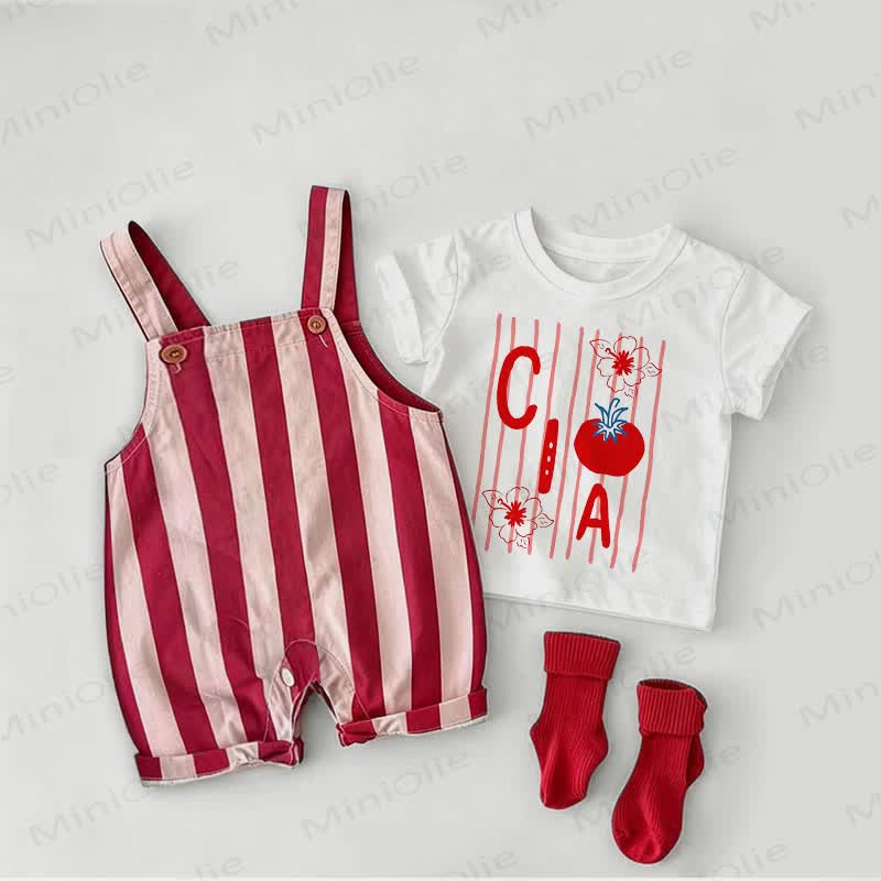 CIAO Baby Tomato Red Stripe Overalls and White Tee 2-piece Set - White&Red - 2-3T - image 1