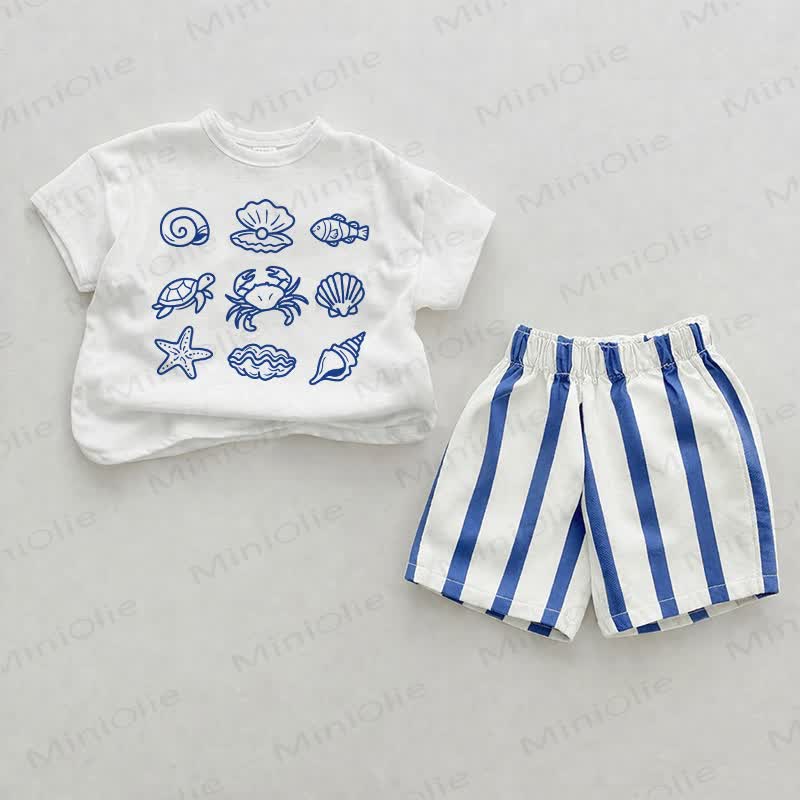 Baby Marine Animals Tee and Striped Shorts 2-piece Set - White&Blue - 2-3T - image 1