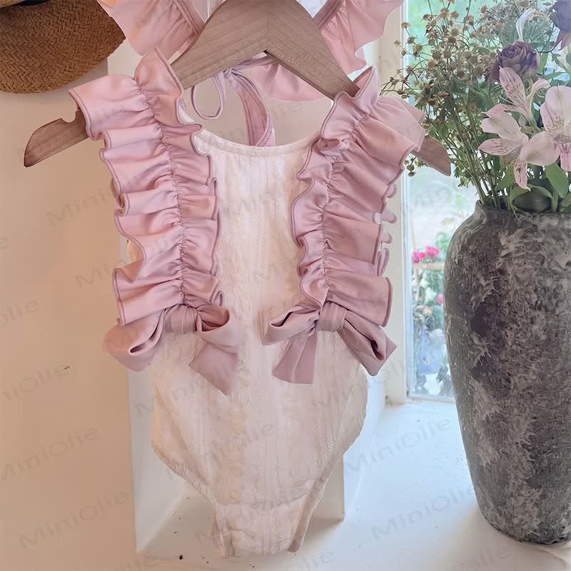 Toddler Girls Lace Ruffle Bow One Piece Sleeveless Swimsuit - Pink - 8-9T - image 2