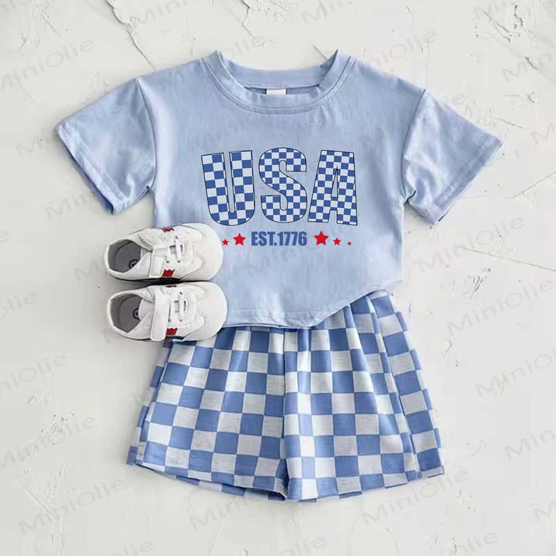 USA EST.1776 Baby Blue T-shirt and Plaid Pants 2-Piece Set - Blue - 2-3T - image 1