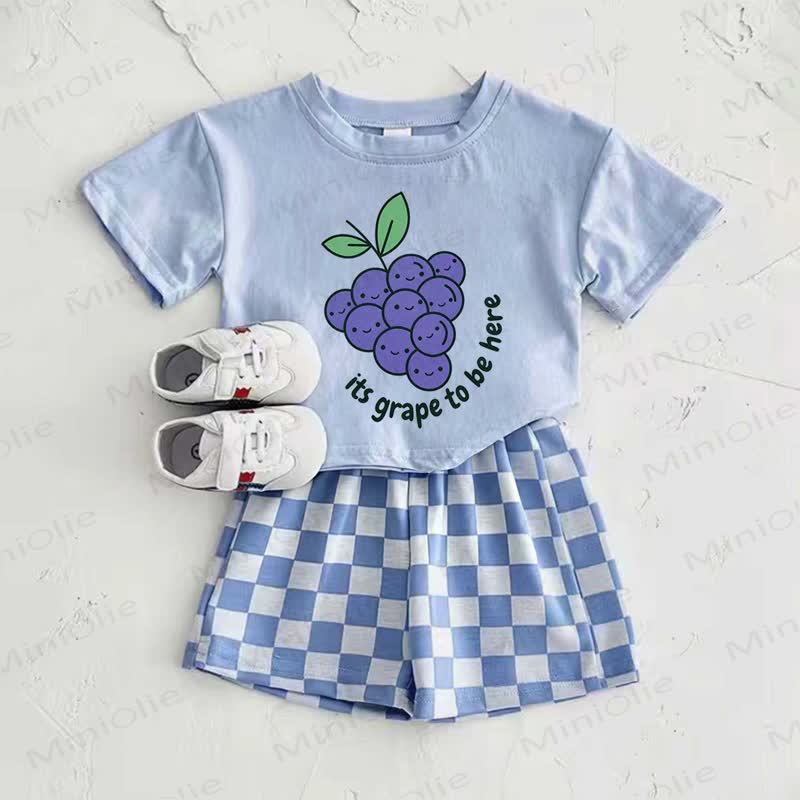 ITS GRAPE TO BE HERE Baby Blue Grape Print T-shirt and Plaid Pants 2-Piece Set - Blue - 2-3T - image 1