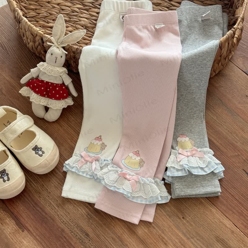 Toddler Girls Sweet Ribbed Knit Bunny Embroidery Lace Ruffle Leggings - image 1