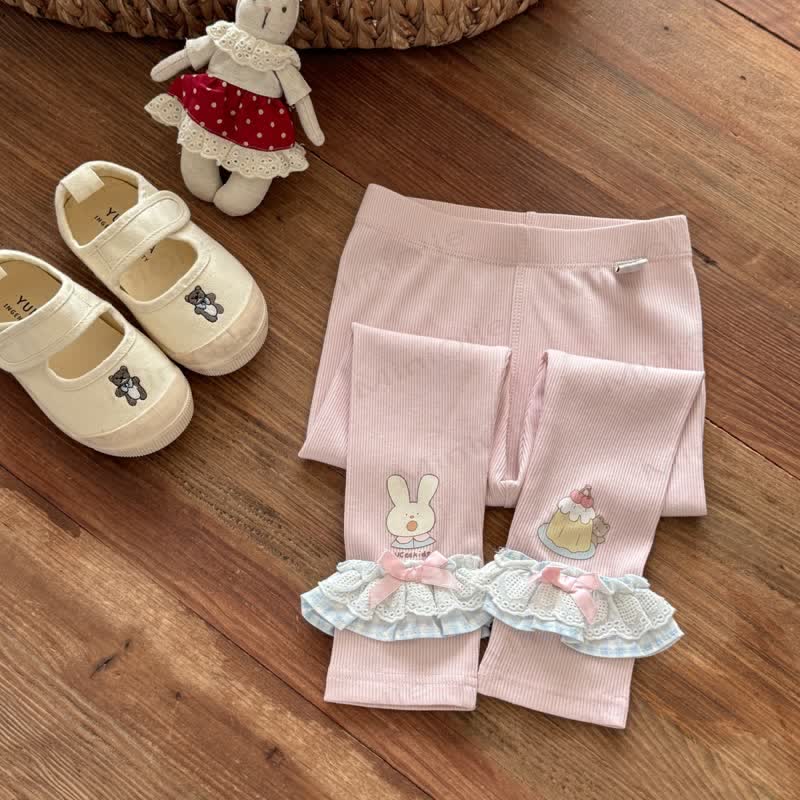 Toddler Girls Sweet Ribbed Knit Bunny Embroidery Lace Ruffle Leggings - Pink - 8-9T - image 4