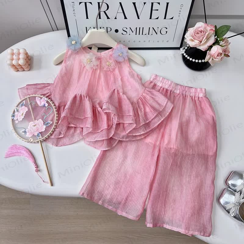 Toddler Girl Pink Floral Peplum Top and Pants 2-piece Set - Pink - 8-9T - image 1