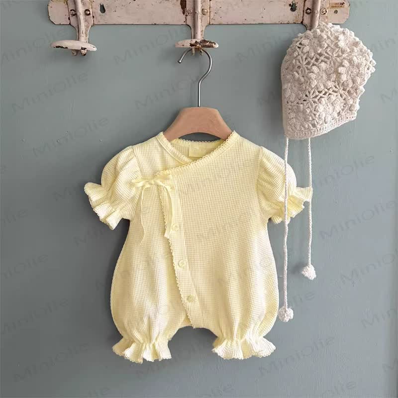 Baby Girls Cotton Bow Solid Color Puff Sleeves Bubble Legs Romper - Apricot - 12-18M - image 3