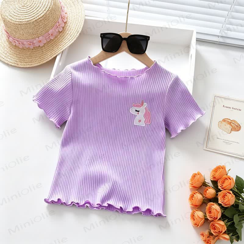 Toddler Baby Girl Ribbed Animal Embroidered Ruffle Trim T-Shirt - Purple - 4-5T - image 2